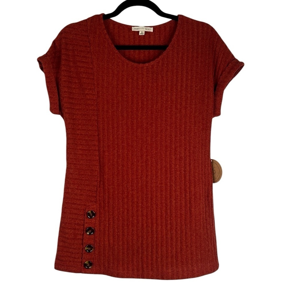 Parallel Skies Rust Ribbed Side Button Short Sleeve Casual Top Size Small New!